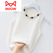 貓人（MiiOW）品牌 打底無袖白色吊帶背心女西裝內(nèi)搭釘珠背心針織衫上衣新款202 【黑花-白色】 均碼