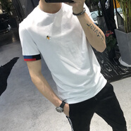 CXZ男夏季薄款絲光棉圓領修身T恤潮流蜜蜂刺繡短袖男純色上衣白色 白色 2XL