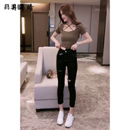 月半晴（YUEBANQING） 2025夏季新款黑色破洞小腳褲女牛仔褲褲女高腰顯瘦修身九分女裝 黑色 M _【建議95-105斤】