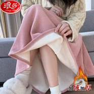 浪莎加絨半身裙女2024春秋新款木棉絨高腰長裙遮肉顯瘦a字復(fù)古傘裙子 粉色加絨1243 L 適合111-125斤