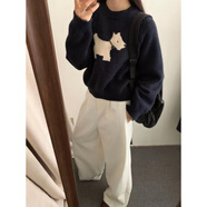 DXOT2025慵懶休閑風提花套頭卡通小狗毛衣女秋冬韓國寬松針織衫灰 藏藍色 S 建議80-105斤