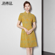 海青藍(lán)（CYANINE SEA）新中式立領(lǐng)盤扣改良旗袍裙子2024夏季新款蝴蝶提花連衣裙女設(shè)計(jì)感 黃色 M