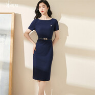 米思陽(yáng)（missshine）2024春夏季新款時(shí)尚簡(jiǎn)約通勤OL短袖連衣裙修身顯瘦中長(cháng)裙1462 藏藍色 XL