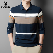 花花公子純棉中青年男士t恤長(cháng)袖翻領(lǐng)條紋真口袋polo衫長(cháng)袖男體恤 908上青 165/M/48