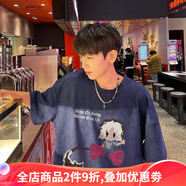 侯七爺（HOUQIYE）短袖T恤男美式休閑夏季純棉男士半袖體恤衫男生潮牌寬松衣服新款 藏青色 3XL