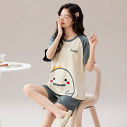 馨愛百年睡衣女夏天短袖韓版休閑簡約加大碼帶胸墊家居服可外穿短褲套裝 QH3281女 XL