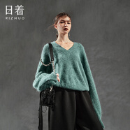日著（rizhuo）原創(chuàng)設(shè)計(jì)女裝2025春季新款 小眾休閑針織衫慵懶蓬松v領(lǐng)羊毛衣 尋跡綠 M