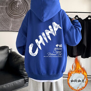 胖胖到家秋冬ins連帽衛(wèi)衣男寬松潮牌字母印花休閑帽衫大碼潮流青少年外套 克萊因藍(lán)加絨 XL