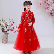 童嘜屋童裝女童套裝漢唐服裝春夏兒童公主紗裙子小女孩寶寶襦裙表演出服 紅色長袖 150碼（建議身高140cm左右）