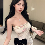 純欲復古辣妹抹胸裹胸禮服印花絲絨蝴蝶結包臀短裙連衣裙女 圖色 M