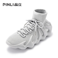 PINLI品立夏季男女透氣飛織網(wǎng)面休閑高幫襪子鞋情侶鞋運動(dòng)鞋 灰色 35