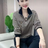 高檔打底衫洋氣條紋上衣女2025早春新款立領(lǐng)半拉鏈T恤衫休閑時(shí)尚 2036黑白條紋 2XL 【建議125-135斤】
