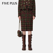5+小香風(fēng)羊毛半身裙女春秋新款女裝格子高腰開(kāi)衩包臀裙 117紅綠格 S