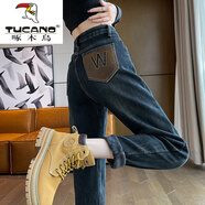 啄木鳥（TUCANO）加絨哈倫牛仔褲女2025年冬季新款加厚高腰直筒寬松大碼顯瘦老爹褲 復(fù)古藍 XL 【建議118-140斤】