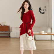 SXA香港潮牌假兩件針織連衣裙女秋冬新款氣質(zhì)時(shí)尚顯瘦蕾絲拼接打底裙 紅色 M