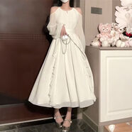 GOCHIEI法式甜美溫柔風(fēng)荷葉邊露肩珍珠雪紡連衣裙子女學(xué)生早春新款仙女裙 白色仙女裙  L