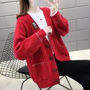 記述春秋針織衫女開(kāi)衫寬松顯瘦撞色短外套毛衣上衣女 290紅色 #M(建議90-105斤)