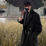 雪萊瓊斯（Shelley Jones）黑色赫本風韓系毛呢大衣男加厚秋冬季中長款外帥潮牌痞帥百搭風衣 DSA341-H908 黑色 2XL