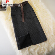皮爾卡丹（pierre cardin）秋冬小千鳥(niǎo)格高腰半身裙女新款韓版毛呢口袋中長(cháng)款一步裙開(kāi)叉裙子 18號中長(cháng)  小千鳥(niǎo)格灰黑 S
