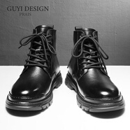 古怡（GUYI）馬丁靴男士高幫男靴真牛皮側(cè)拉鏈加絨保暖棉鞋英倫風(fēng)休閑皮靴子男 黑色加棉 45 (275mm)