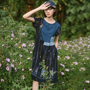 非魚夏季新款原創(chuàng)設(shè)計拼接繡花連衣裙文藝復(fù)古女裝套頭短袖裙 深牛仔藍 L