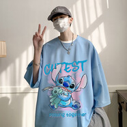 執琴之手 新款夏季t恤男潮流七分袖胖子大碼港風(fēng)寬松青少年中袖上衣服 Q11335 淺藍色 2XL
