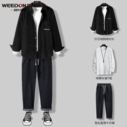 威登羊衣服男日系燈芯絨外套男士春秋冬季痞帥男裝一套搭配成熟夾克三件套衣服男裝聯(lián)名 三件套【黑色燈芯絨外套+白長T+711牛仔褲 2XL