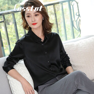 卡思彤（Cosstot）真絲襯衫女純色長(cháng)袖打底衫上衣修身顯瘦桑蠶絲襯衣 黑色 M