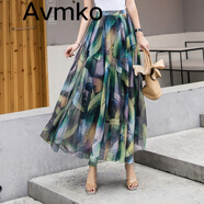 Avmko潮2025夏新款高腰顯瘦雪紡半身裙波西米亞碎花大擺A字沙灘裙長裙 綠羽 L