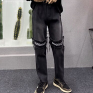 益帛（YIBO）牛仔褲男秋冬新款港風(fēng)高街貼布毛邊黃泥染復古做舊修身直筒褲子男 黑色 M【建議100-115斤】