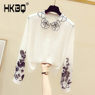 HKBQ 潮牌春秋新款港味復古印花撞色長(cháng)袖雪紡襯衫女士設計感小眾上衣 圖片色 S