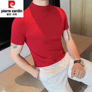 皮爾卡丹（pierre cardin）半高領(lǐng)毛衣男士短袖針織衫2025新款半袖毛衣中領(lǐng)男款內(nèi)搭打底衫 紅色 XL 【推薦140斤以內(nèi)】
