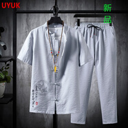 UYUK國風(fēng)中國風(fēng)套裝男唐裝男潮牌復古外套中式漢服古裝冰絲短袖T恤男青年 TZ022灰綠 XL