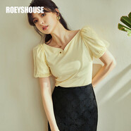 ROEYSHOUSE羅衣淑女心形領(lǐng)針織T恤夏裝新款黑色拼接網(wǎng)紗泡泡袖上衣04008 淺黃色 L