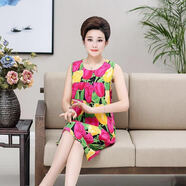 索宛亦（SUOWANYI）女夏棉綢中年人造棉寬松中長(cháng)款中老無(wú)袖連衣裙 紅底郁金香 L 建議70斤