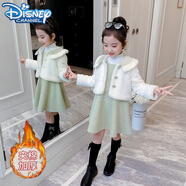 迪士尼（Disney）女童冬裝連衣裙2023新款韓版夾棉毛呢套裝兒童公主裙加絨洋氣冬 綠色2 兔毛外套+背心裙 110尺碼建議身高100左右