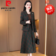 皮爾卡丹（pierre cardin）西裝連衣裙女秋冬季新款媽I媽格子加厚毛呢高貴氣質(zhì)小香風(fēng)貴夫人 綠格 XL (適合116-125斤)