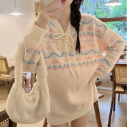 FOX.G女士毛衣女針織衫打底衫女裝2025秋冬新款外套洋氣款冬季衣服上衣 綁帶波浪條粉藍(lán)色針織毛衣 均碼 【建議130斤以內(nèi)】