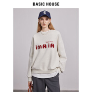 BASIC HOUSE/百家好韓系休閑印花衛(wèi)衣女2024秋季新款圓領(lǐng)套頭寬松潮流上衣女O 米色 S