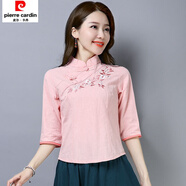 皮爾卡丹民族風(fēng)改良女裝中國風(fēng)盤(pán)扣刺繡t恤棉麻繡花茶服唐裝立領(lǐng)上衣女 粉紅色 M