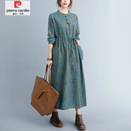 皮爾卡丹（pierre cardin）春秋新款文藝大碼盤扣抽繩收腰寬松顯瘦中長款碎花棉麻連衣裙 春蘭 M 【建議115斤以內(nèi)】