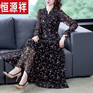 恒源祥雪紡裙子新款2025年春夏裝長(cháng)袖碎花連衣裙大尺碼減齡裙打底長(cháng)裙子 黑色長(cháng) 袖 2XL 【建議120-135斤】