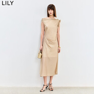 LILY醋酸天絲微光不對(duì)稱(chēng)斜肩設(shè)計(jì)收腰顯瘦無(wú)袖連衣裙 717卡其 M