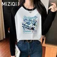 米子旗純棉長袖t恤女春秋2025新款女裝慵懶風學生寬打底衫上衣 春秋藍字9350胸前大 黑白色 XL 120-130斤