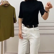 澤萬(wàn)邦年女裝春秋新款半高領(lǐng)t恤女短袖純色內搭打底衫修身顯瘦上衣 黑色 M 80-110