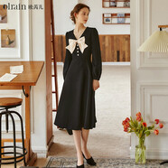 Olrain歐芮兒赫本風(fēng)連衣裙女春裝收腰法式小個(gè)子蝴蝶結黑色裙子 黑色 L 165/88A