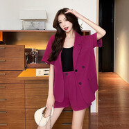 宜惜綺  小西裝女夏季短褲兩件套套裝2023新款顯瘦短袖西服女士職業(yè)夏裝 火龍果色 L