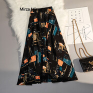 Mirza Mirror雪紡半身裙女夏a字2025新款高腰花色裙子垂感薄款中長(cháng)款時(shí)尚氣質(zhì) 黑色 均碼 （松緊腰）