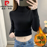 皮爾卡丹高檔品牌女裝秋冬加絨毛衣女加厚一體絨內(nèi)搭半高領(lǐng)套頭打底針織衫保暖上衣顯瘦 黑色【高款】 【加厚一體絨】 S 85-95斤