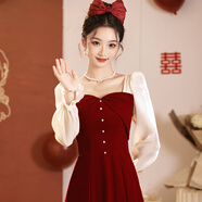 以歐（YIOU）敬酒服新娘酒紅色小個子結婚禮服訂婚連衣裙長袖平時可穿衣服6002 酒紅色 XL （建議118-125斤）